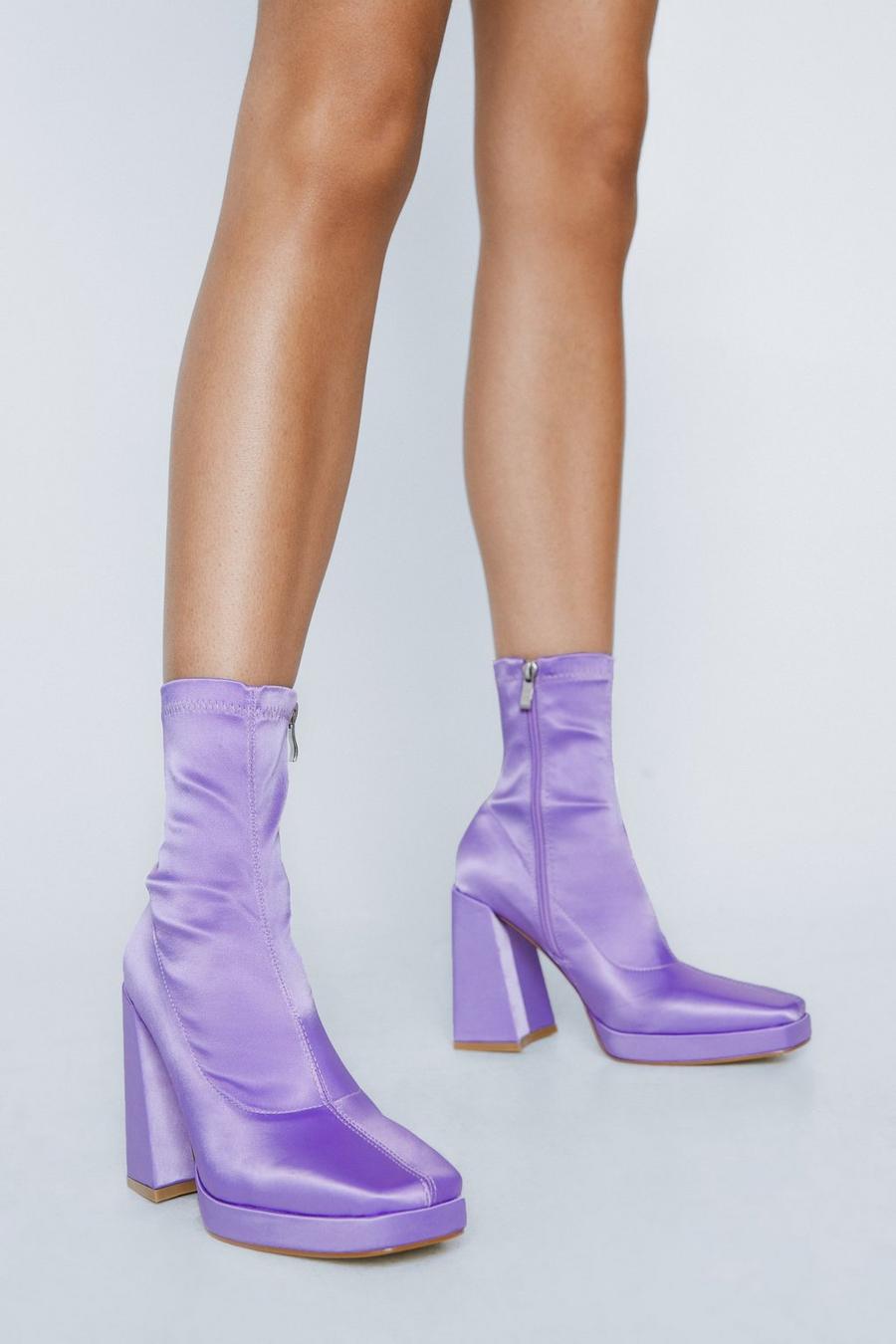 Lilac Satin Square Toe Ankle Sock Boots image number 1