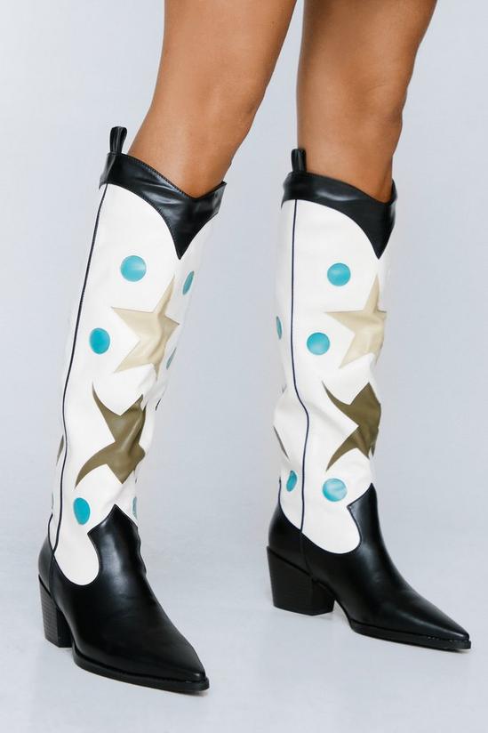 NastyGal Faux Leather Star Knee High Cowboy Boots 1