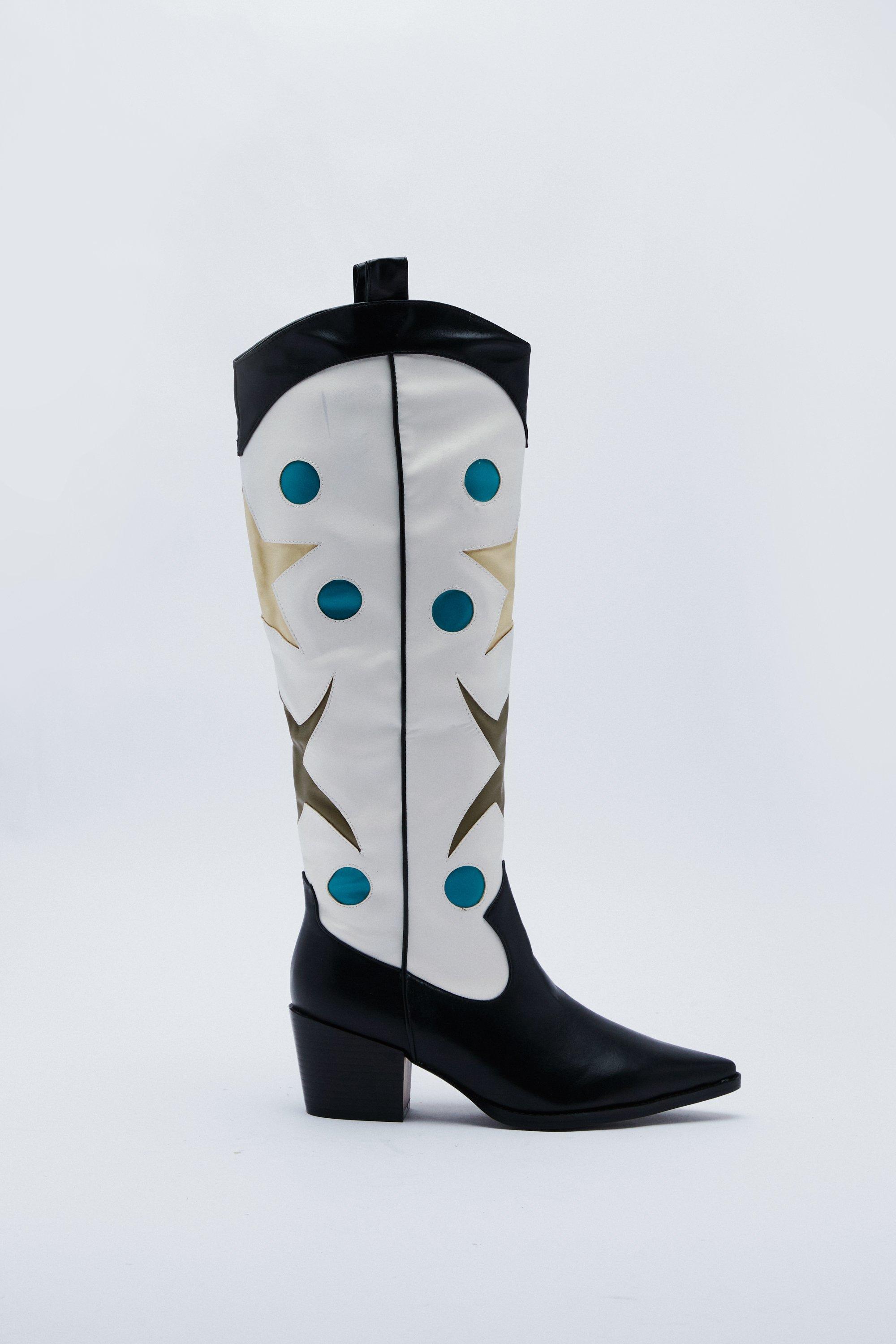 Faux Leather Star Knee High Cowboy Boots boohoo UK