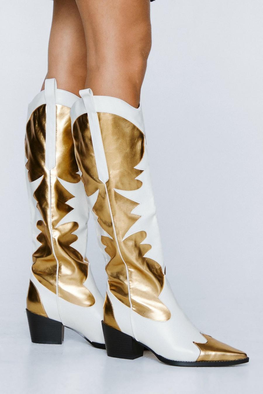 White Faux Leather Contrast Knee High Cowboy Boots