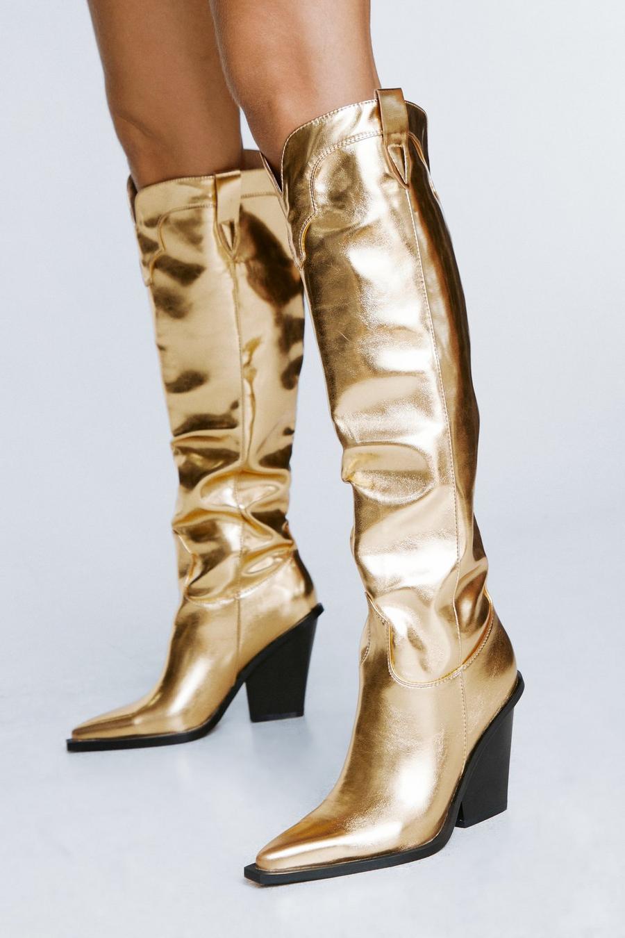 Gold Metallic Faux Leather Knee High Cowboy Boots image number 1