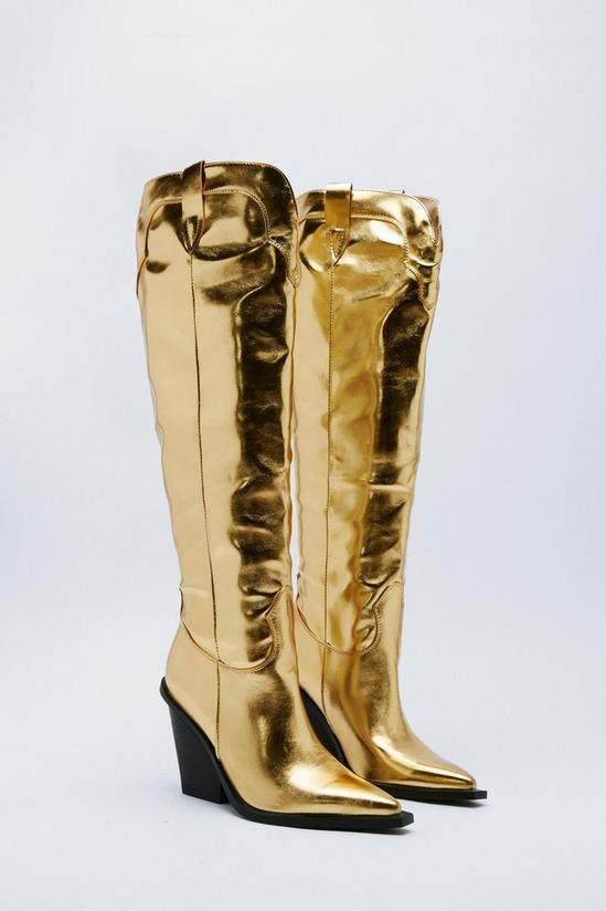 NastyGal Metallic Faux Leather Knee High Cowboy Boots 4