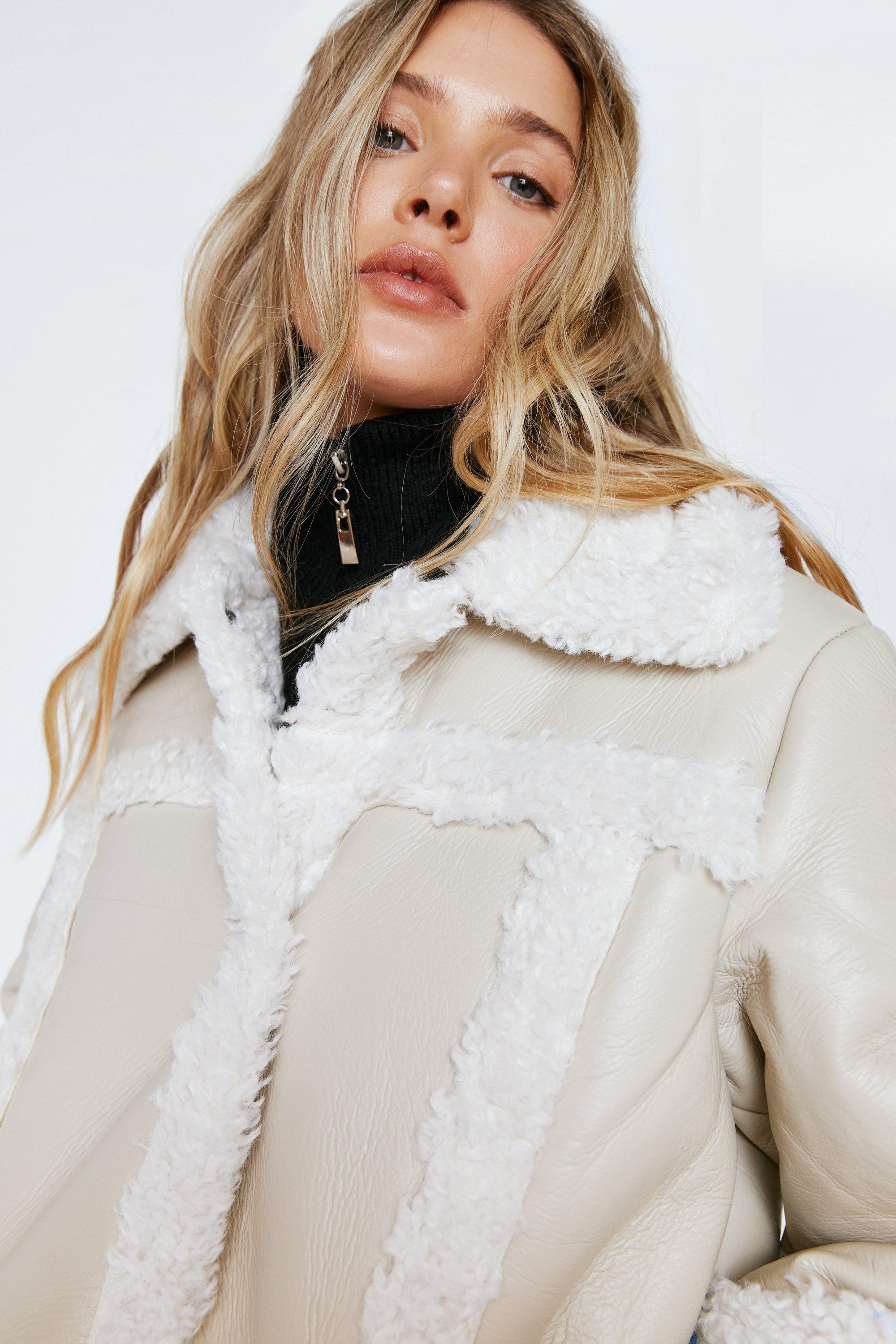 Cream boucle faux fur aviator jacket online