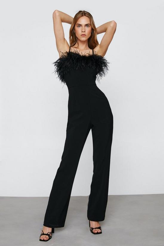 NastyGal Feather Trimmed Flared Jumpsuit 1