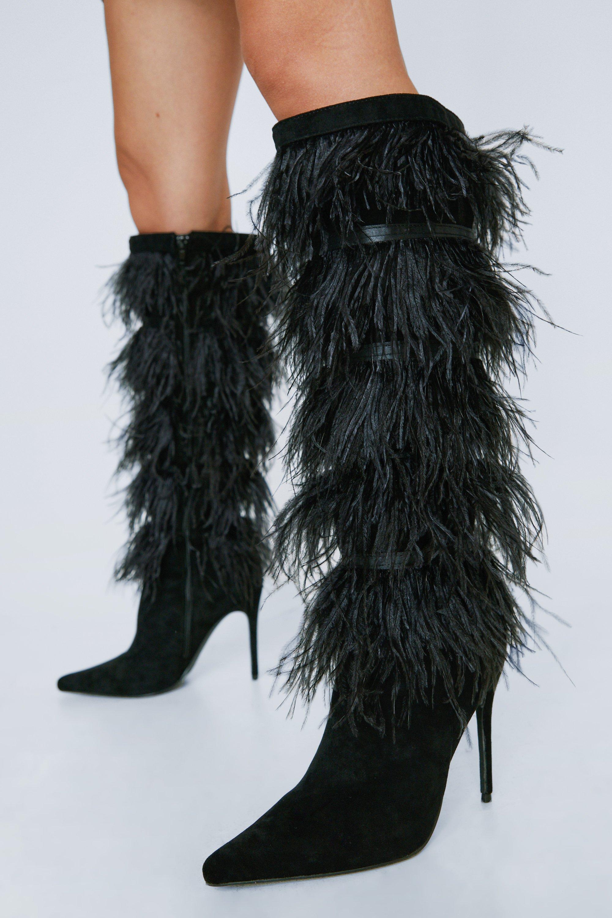 Knee High Feather Trim Boots