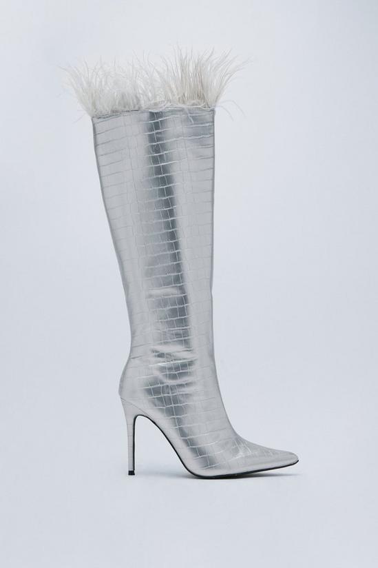 NastyGal Faux Croc Feather Trim Knee High Boots 3