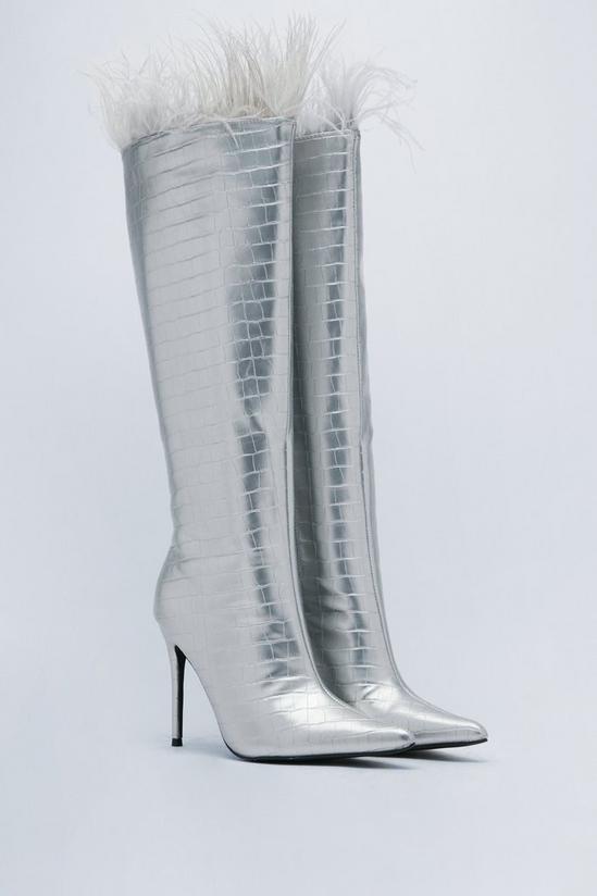 NastyGal Faux Croc Feather Trim Knee High Boots 4