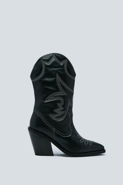NastyGal black Premium Leather Stitch Detail Cow Boy Boot