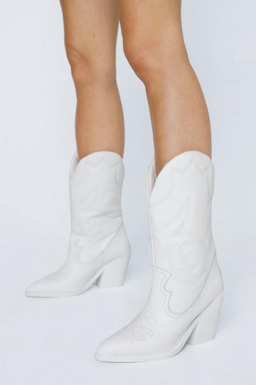 White Premium Leather Stitch Detail Cowboy Boots