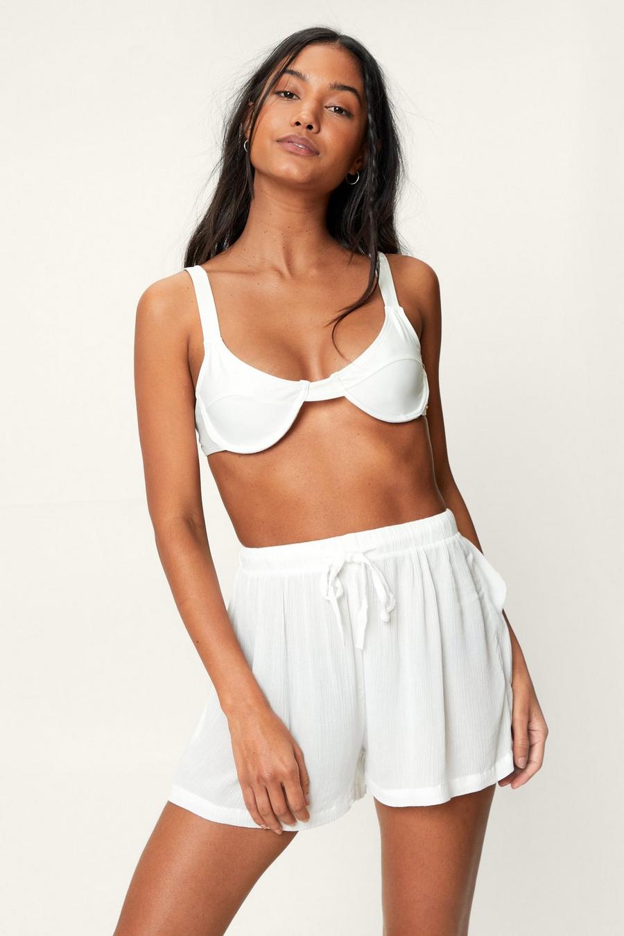 Cream white Tie Waist Crinkle Cover Up Shorts