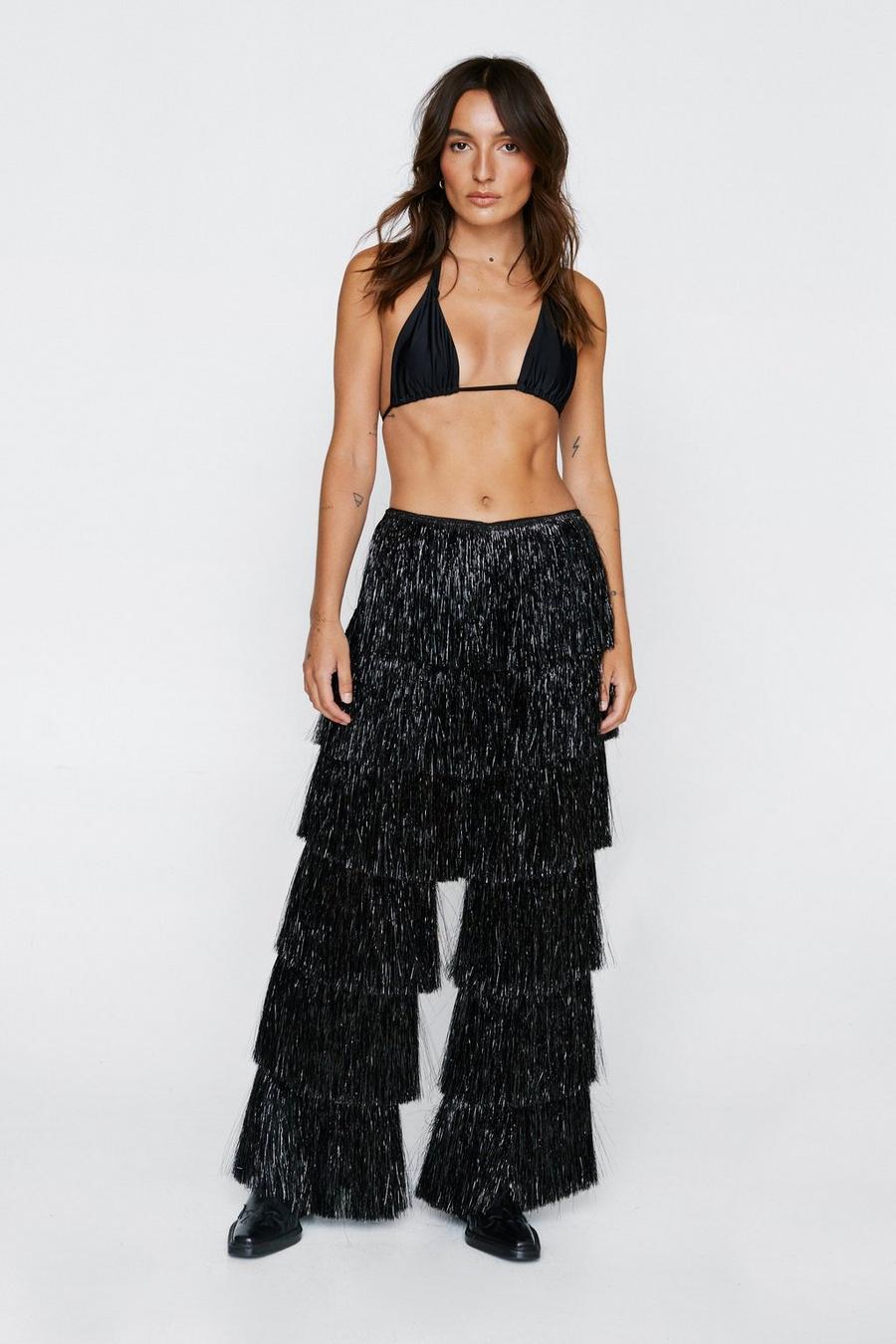 Black Petite Tinsel Fringed Tiered Trousers