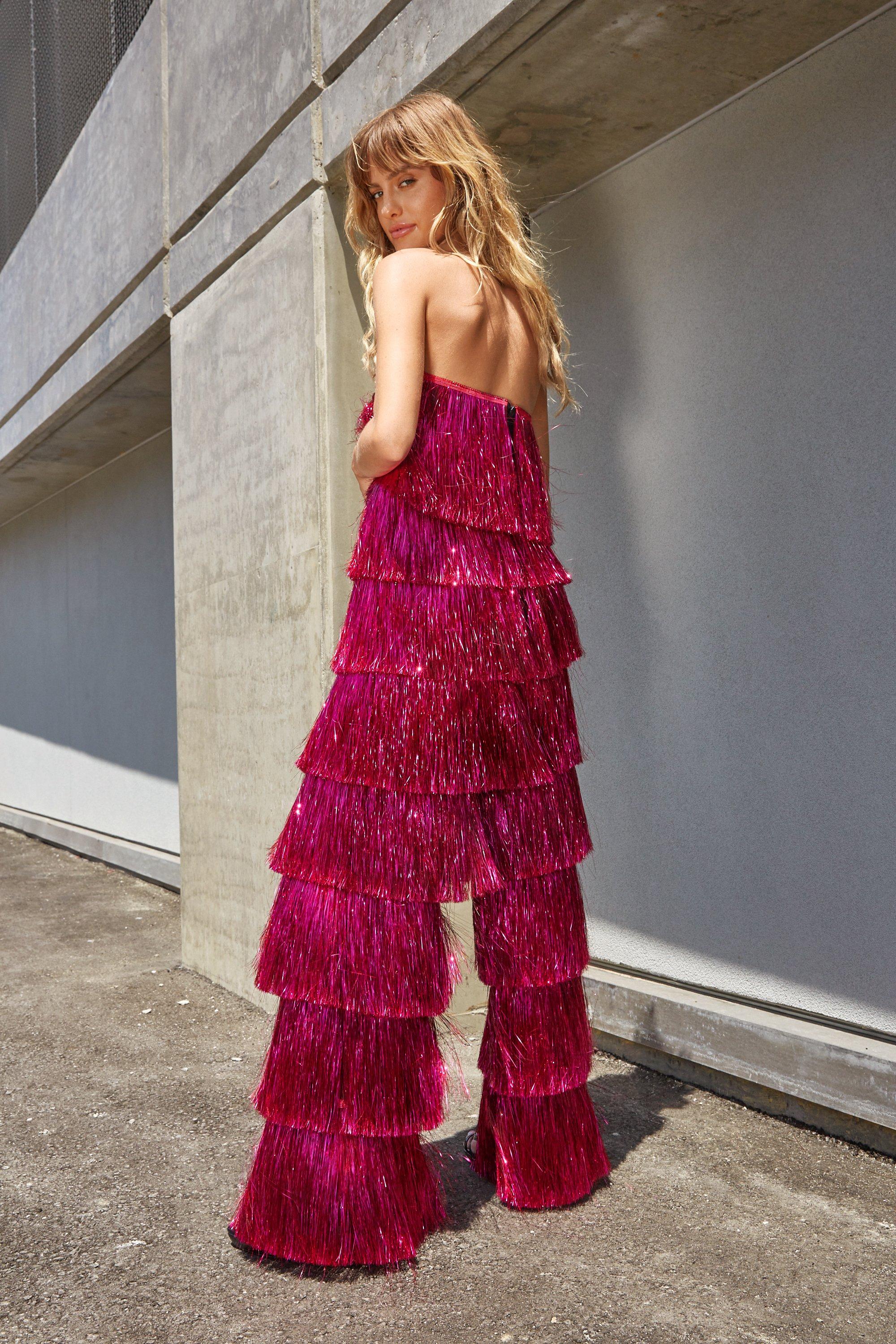 Tinsel Fringe Tiered Bandeau Jumpsuit boohoo UK