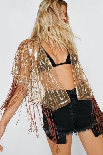 Sequin Embellished Fringed Cape rose gold