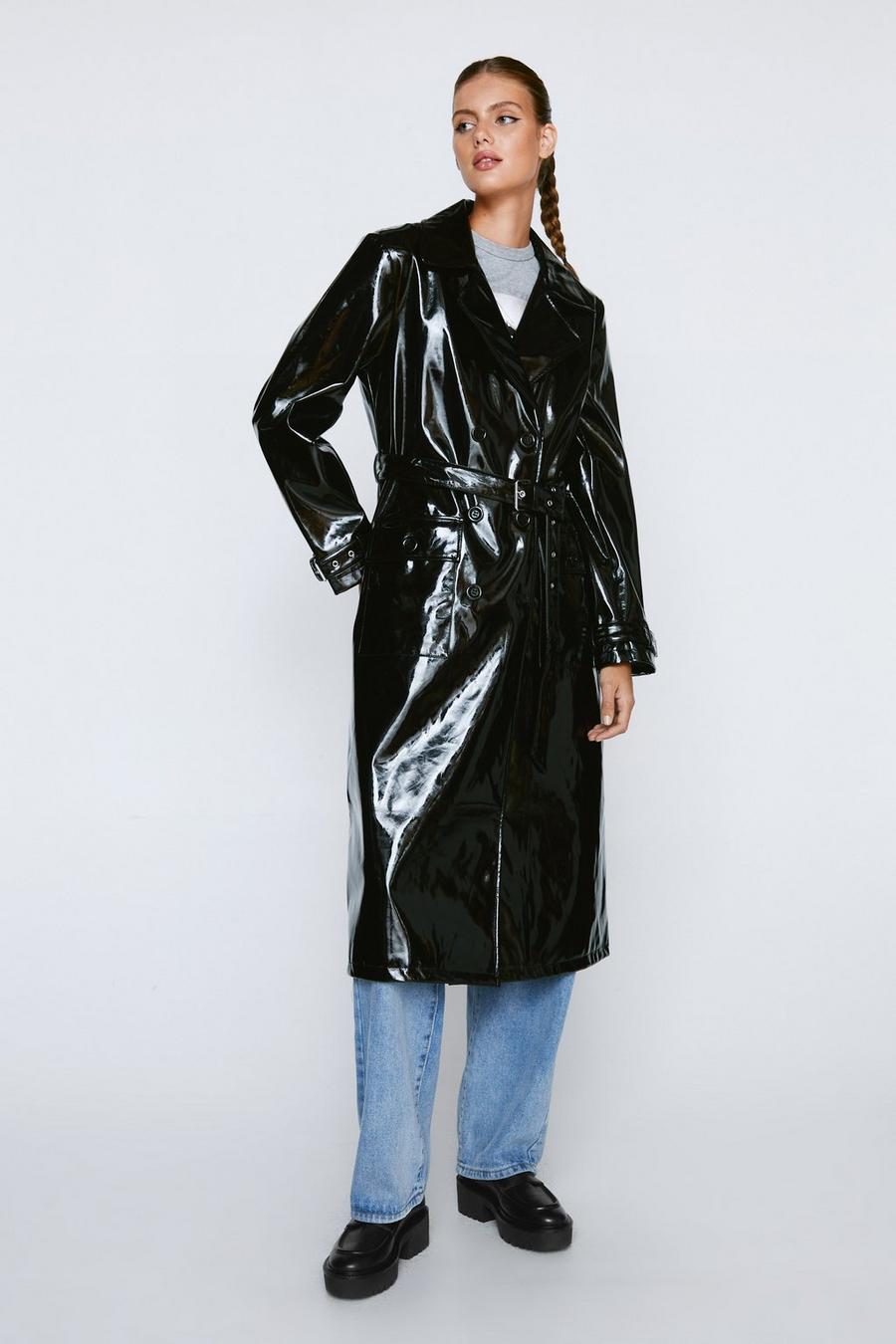 Women'S Trench Coat Pvc Black Hoodie Collar Rain Suit Vinyl Jacket 