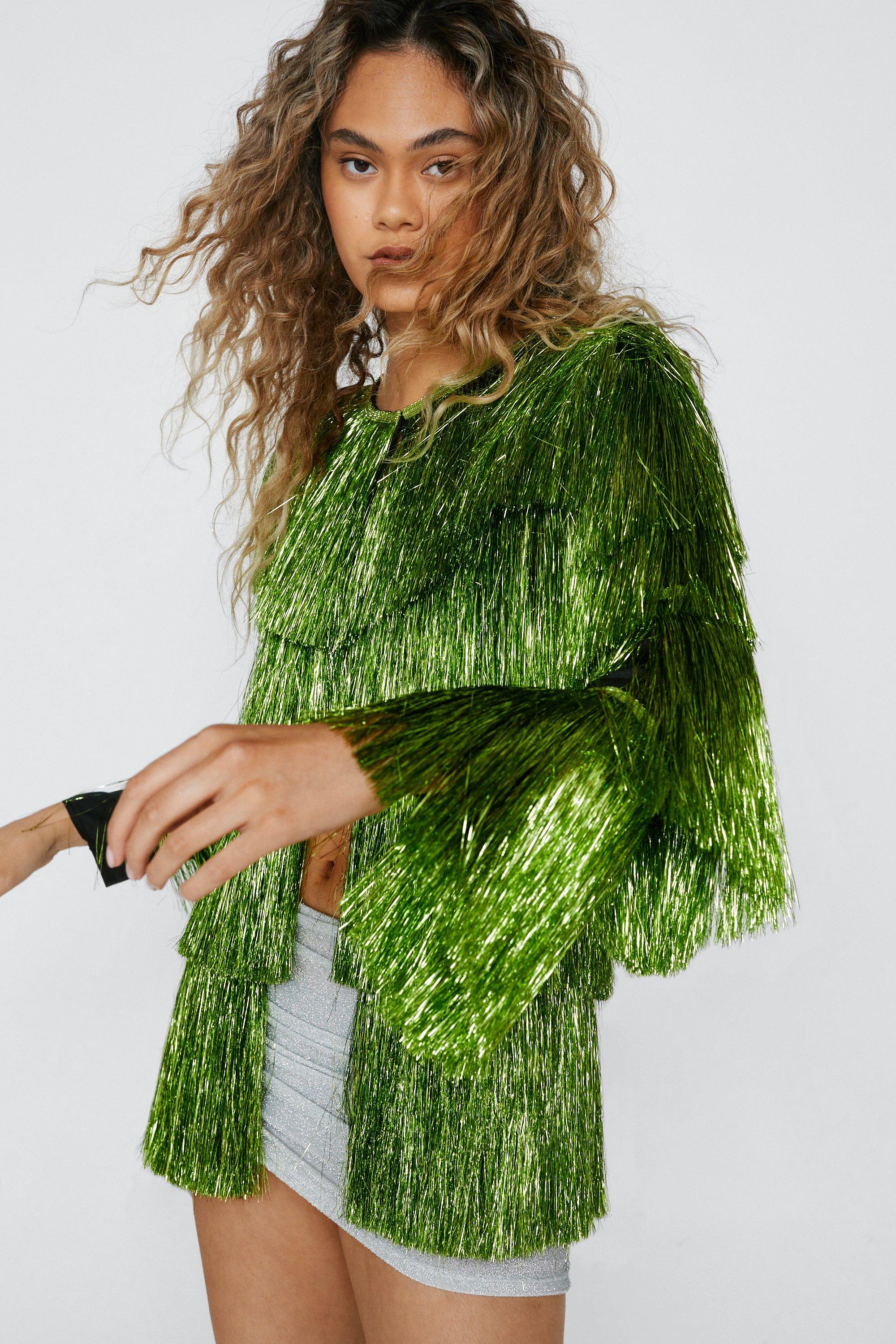 Metallic Open Front Tiered Tinsel Fringe Jacket