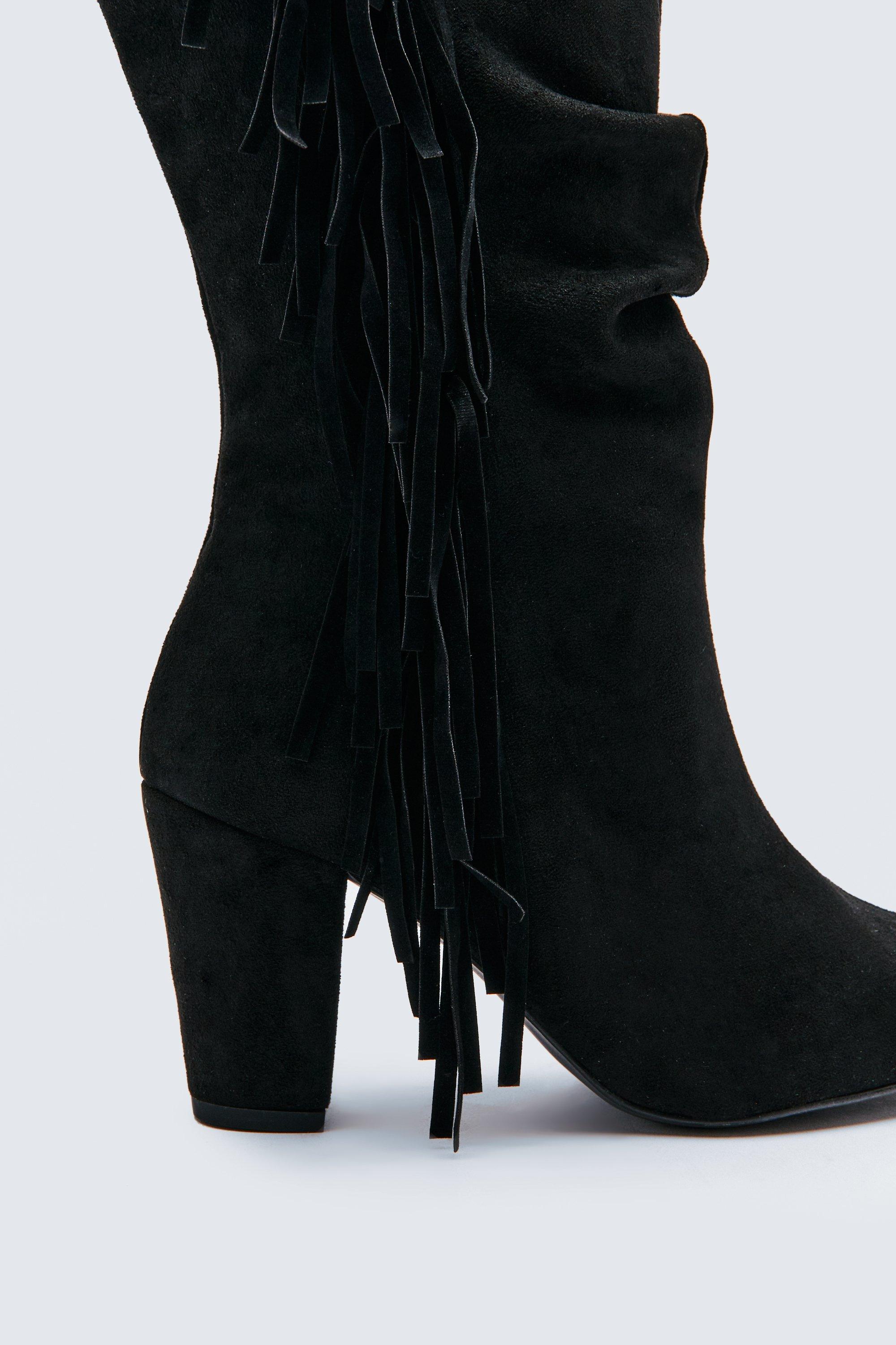 Anah faux suede fluffy tassel knee high boots outlet in black