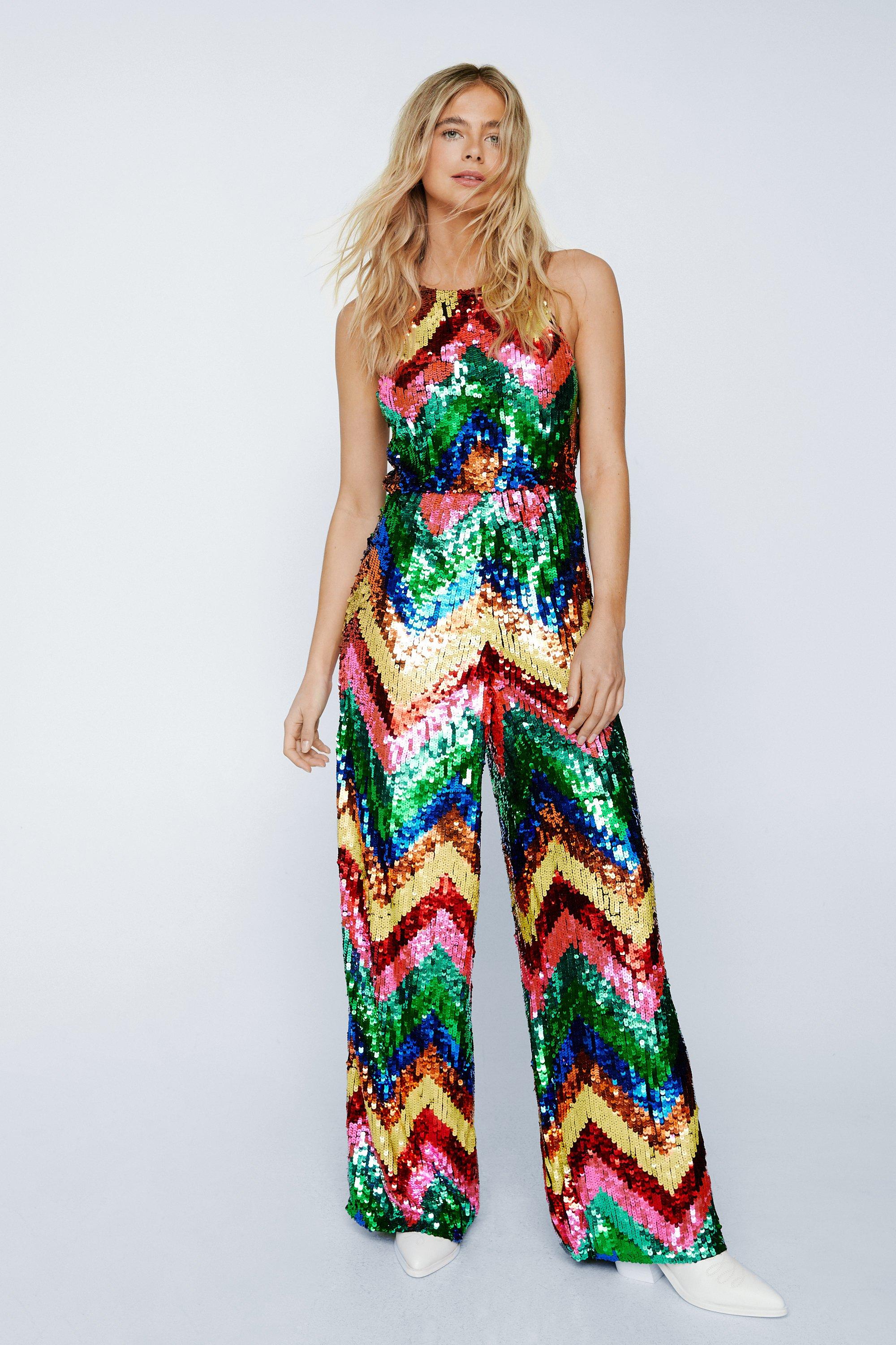 Stripe Sequin Halterneck Wide Leg Jumpsuit