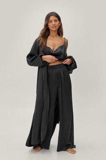 Black Satin Long Pajama Set And Robe