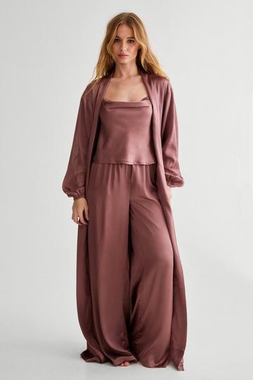 Satin Long Pajama Set And Robe chocolate