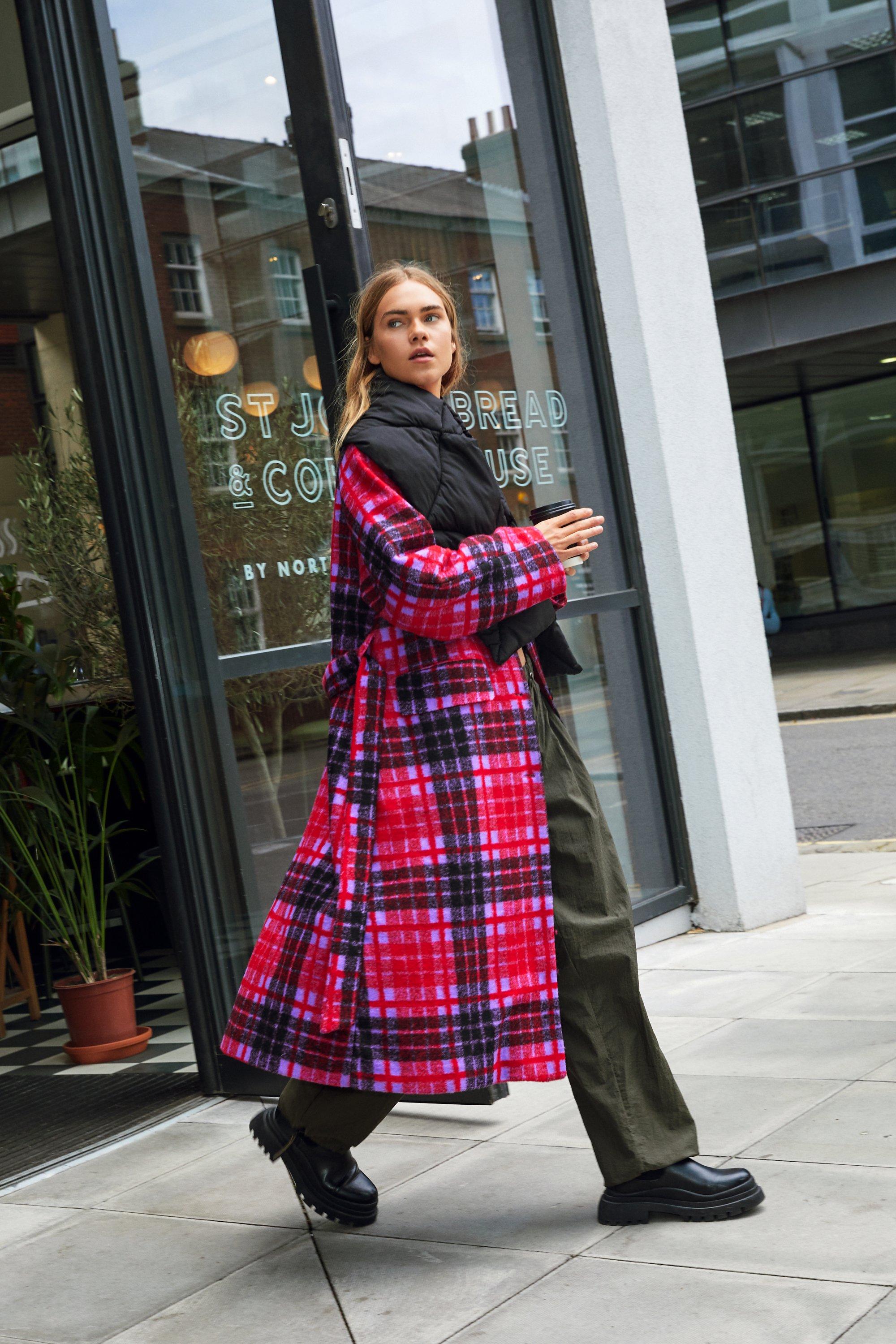 Ladies long checked coat best sale