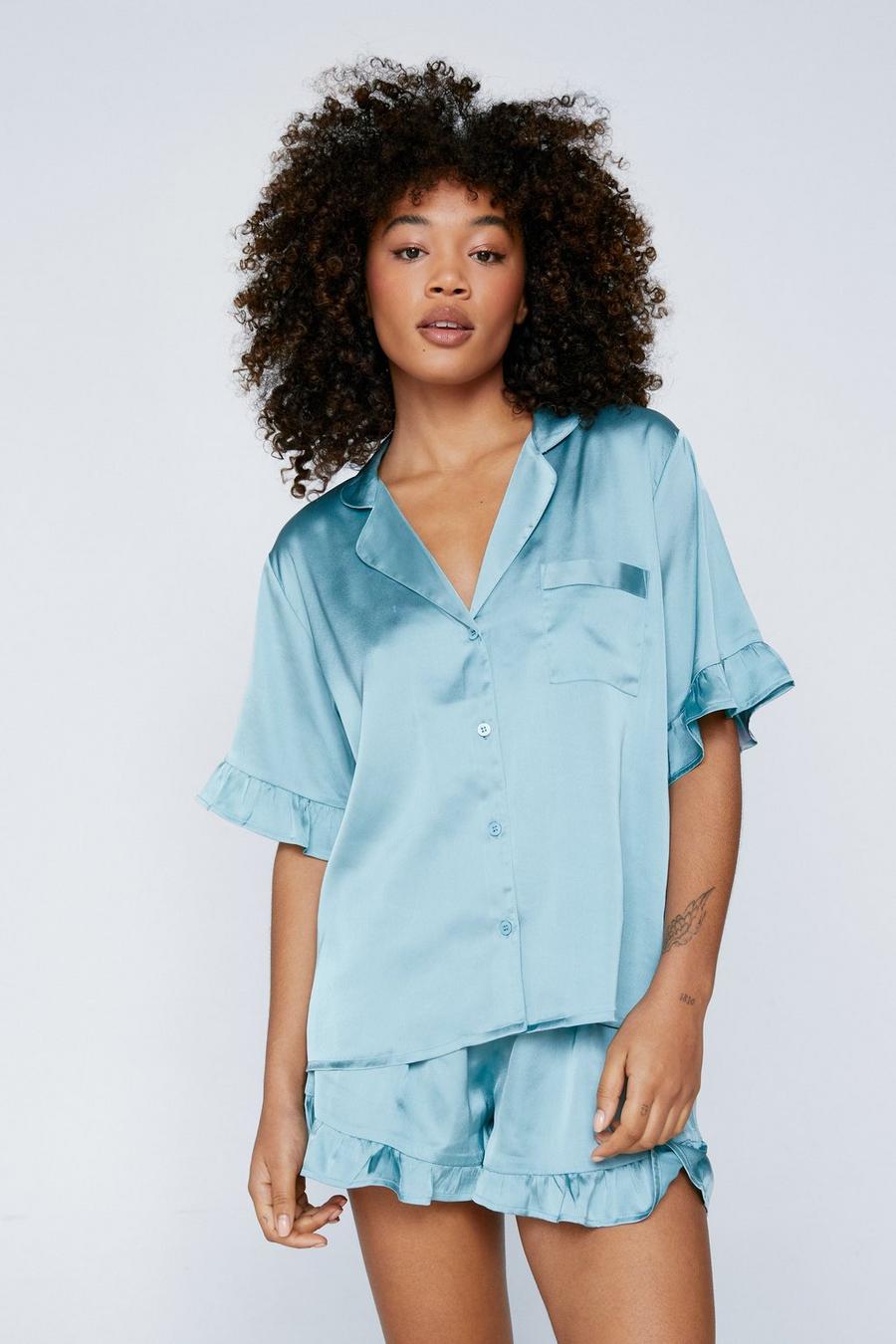Blue Satin Ruffle Shorts Pyjama Set