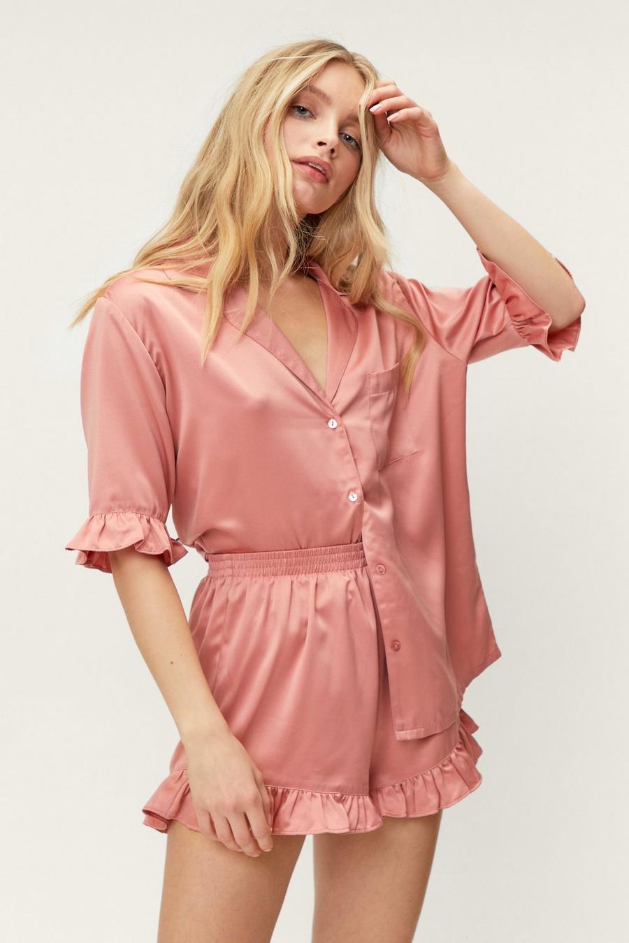 Rose Satin Ruffle Shorts Pyjama Set