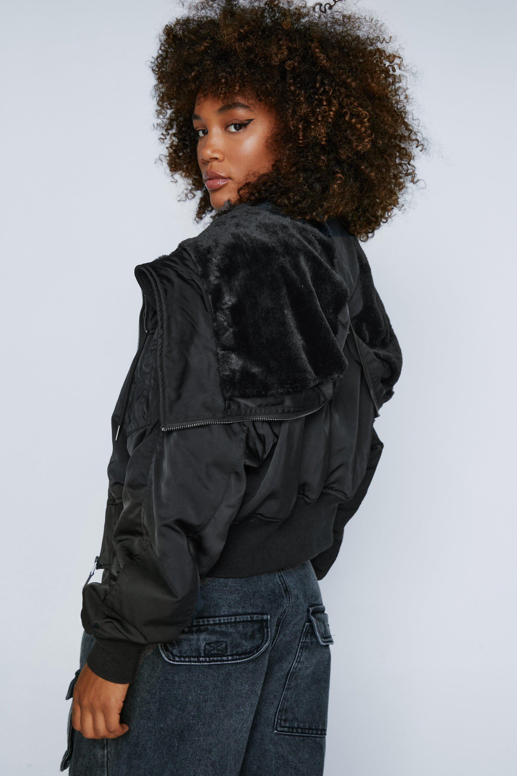 Faux Fur Lined Zip Hood Bomber Jacket