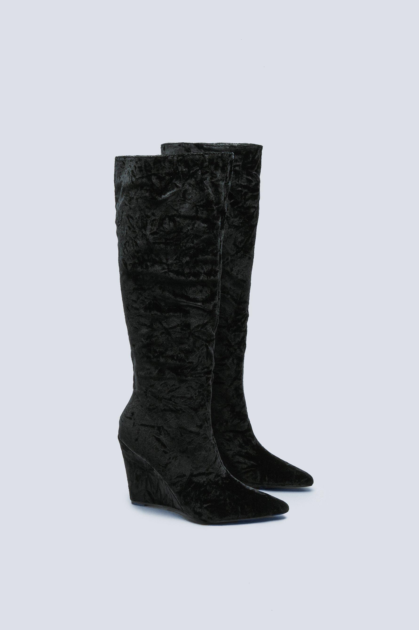 Velvet Pointed Toe Wedge Knee High Boots