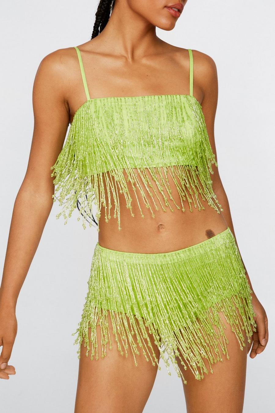 Green Sequin Tassel Bralette and Knickers Co Ord image number 1