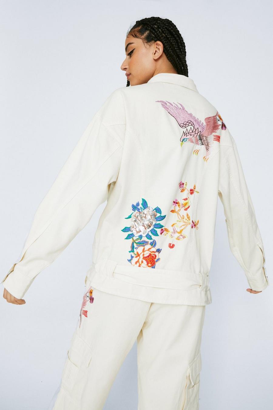 Ecru Embroidered Beaded Oversized Pocket Shacket