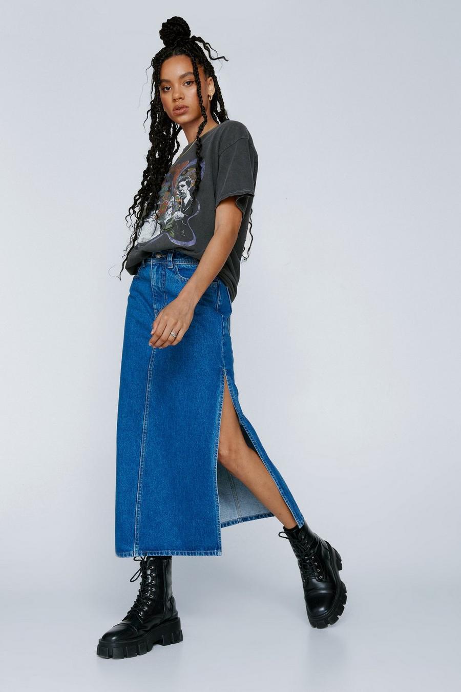 Mid blue Side Split Denim Maxi Skirt