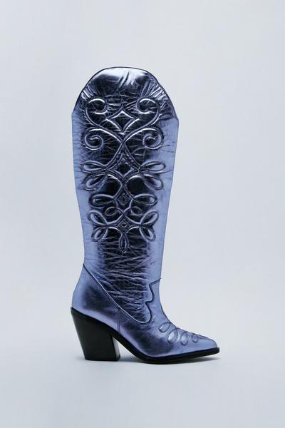 NastyGal lilac Knee High Cowboy Boots In Metallic Leather