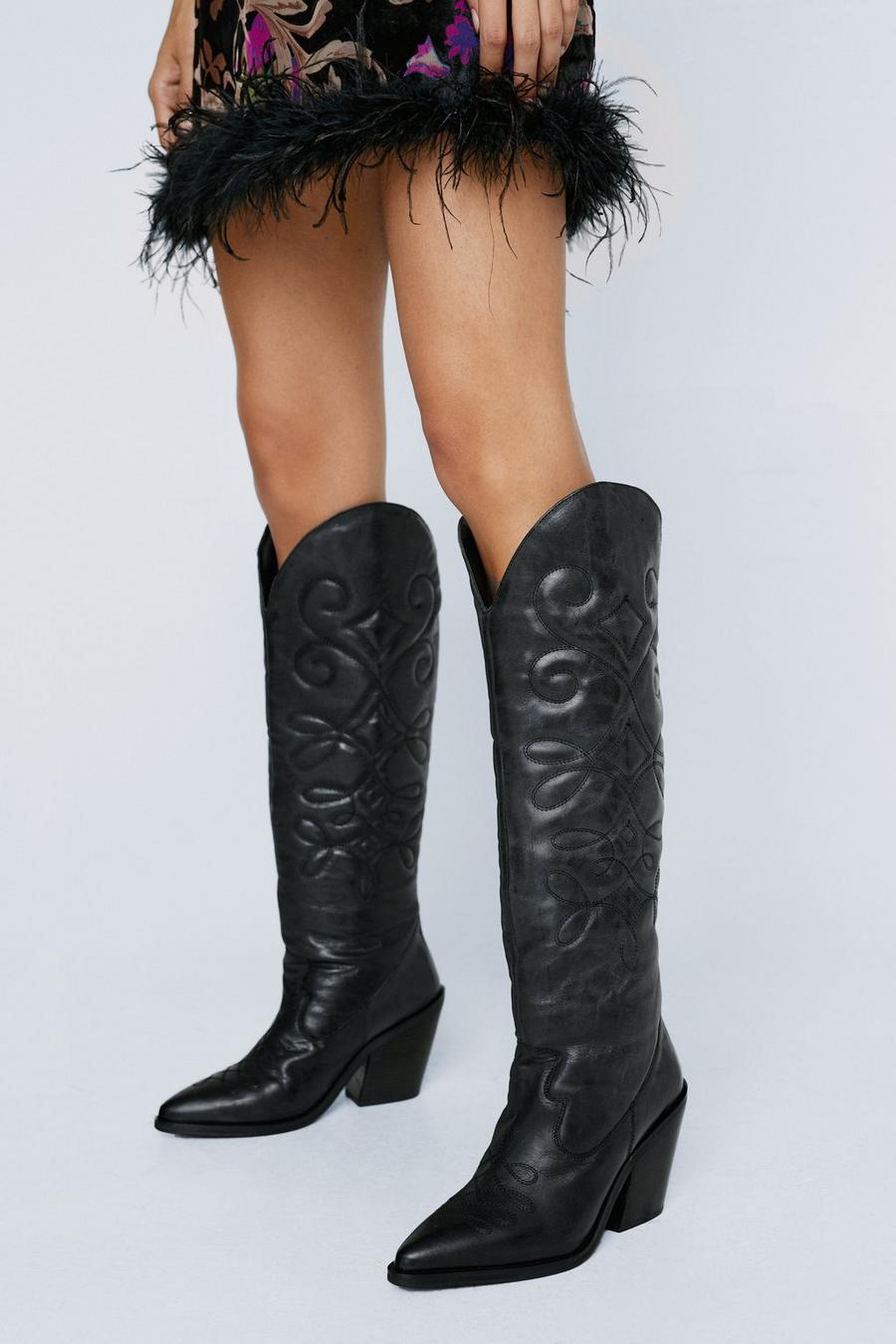 Black Premium Leather Knee High Cowboy Boots image number 1