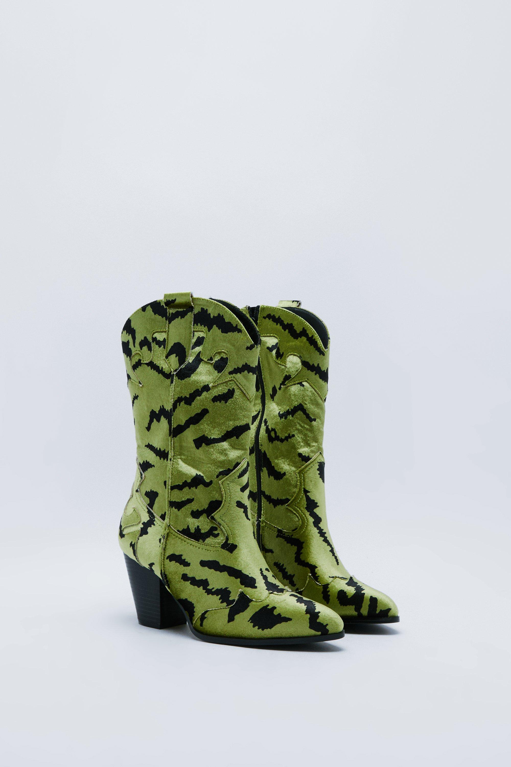 Velvet Leopard Print Western Boots Boohoo UK