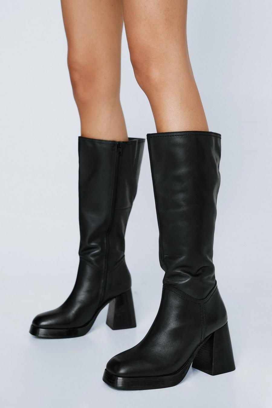 Black Premium Leather Knee High Platform Boots