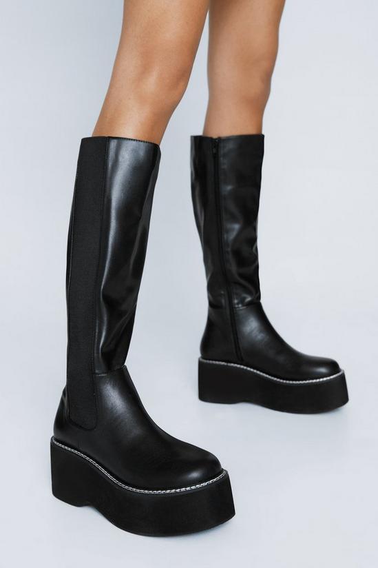 NastyGal Faux Leather Wedge Knee High Chelsea Boots 1