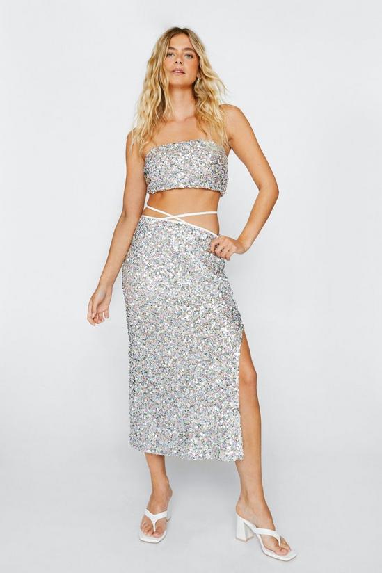 NastyGal Silver Sequin Bandeau Crop Top And Midi Skirt 1
