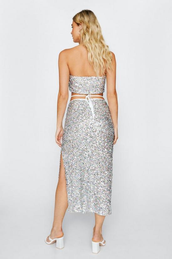 NastyGal Silver Sequin Bandeau Crop Top And Midi Skirt 3