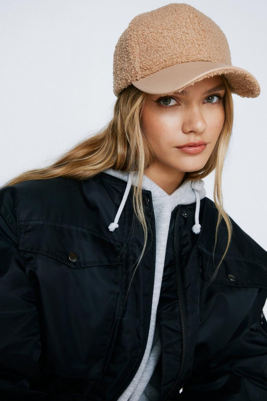 Beige Shearling And Faux Leather Baseball Cap