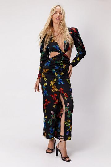 Black Floral Print Satin Cut-Out Maxi Dress