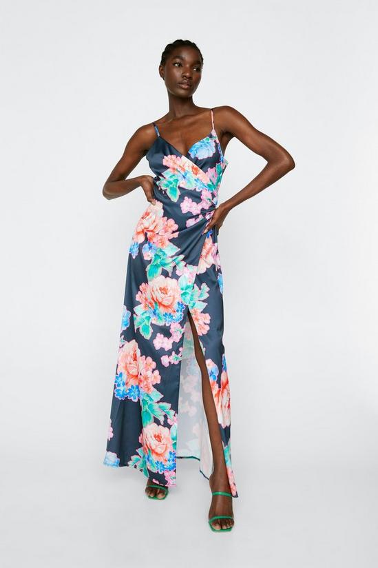 NastyGal Floral Print Satin Wrap Maxi Dress 1