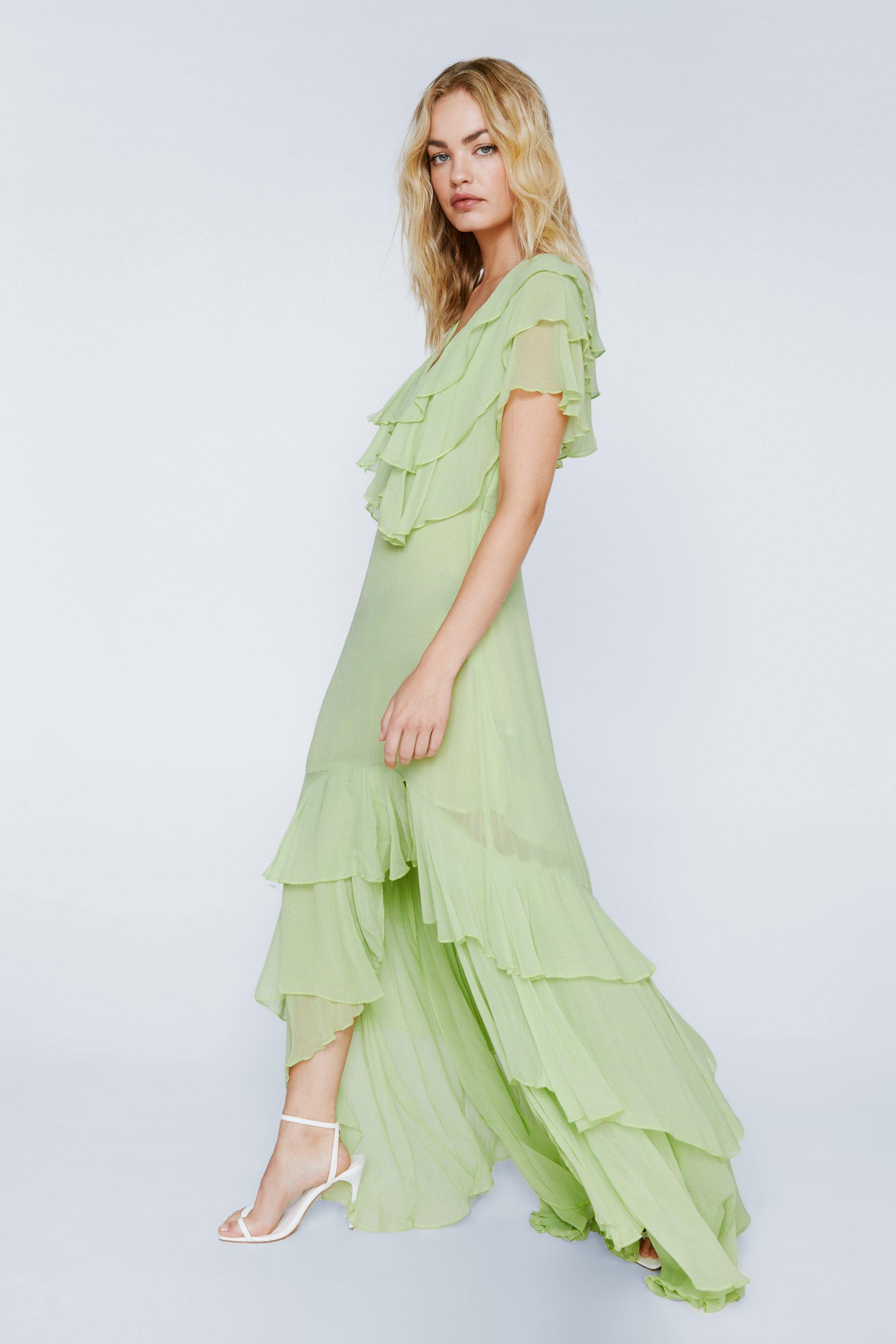 Ruffle Layer Plunge Maxi Dress