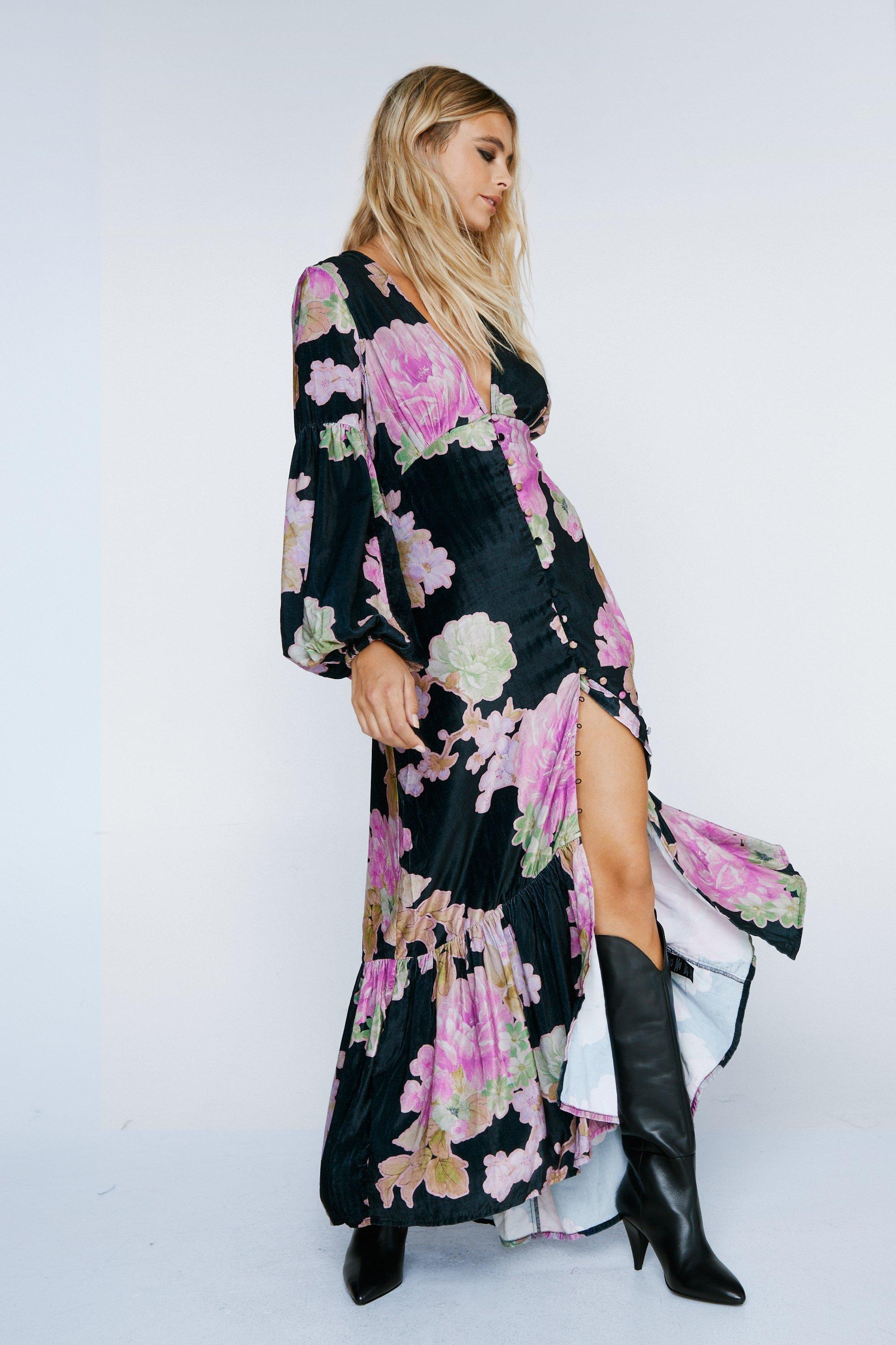 Velvet Floral Button Front Maxi Dress | Boohoo UK