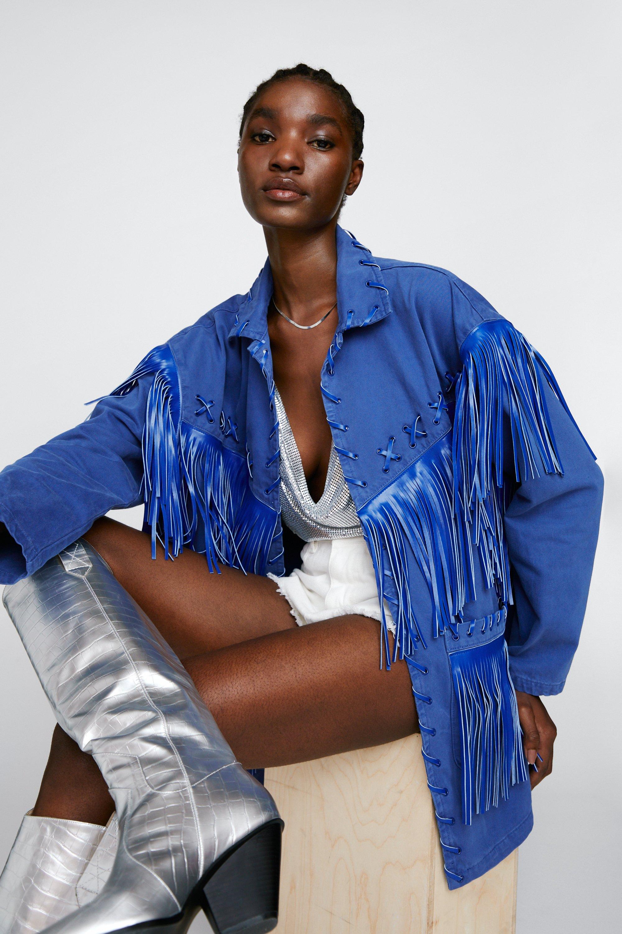 Premium Lattice Fringe Denim Jacket boohoo UK