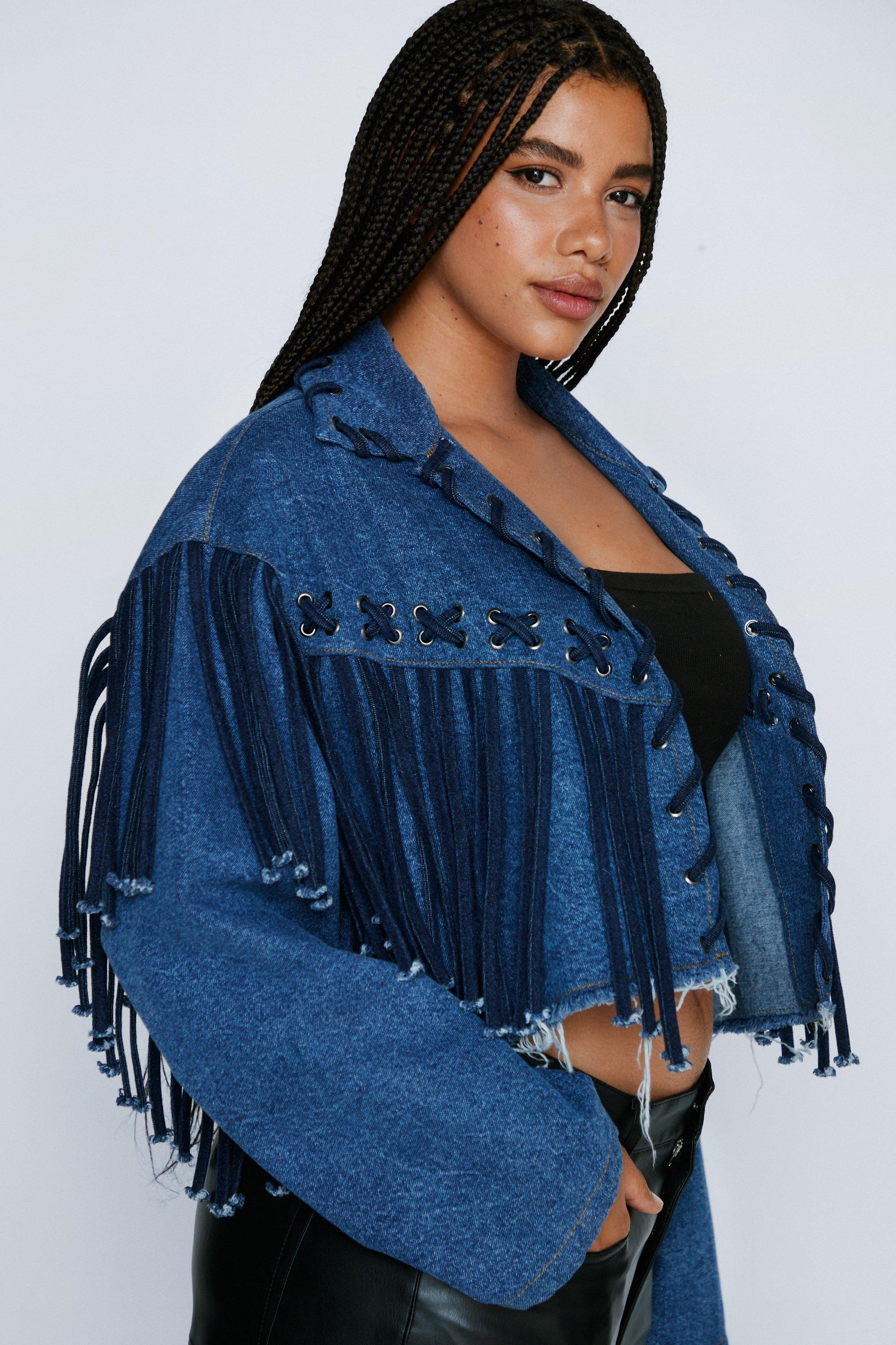 Plus Size Lattice Fringe Denim Cropped Jacket