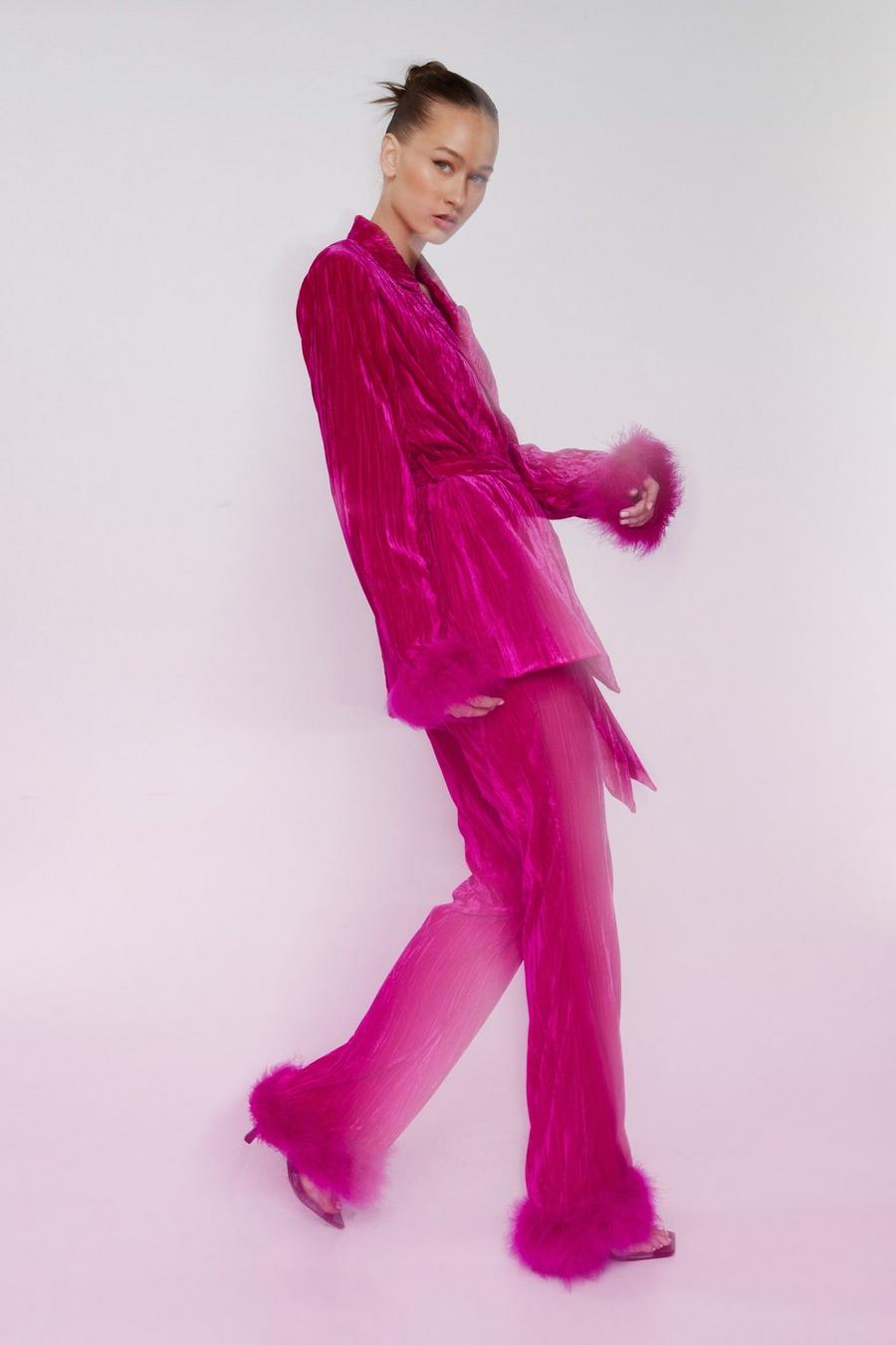 Hot pink Premium Velvet Flares With Feather Trims image number 1