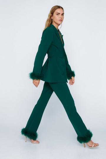 Flared Pants With Feather Trims dark green