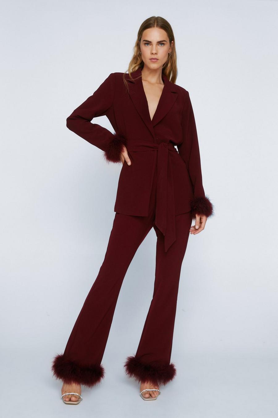 Wine Flared Trousers With Feather Trims image number 1