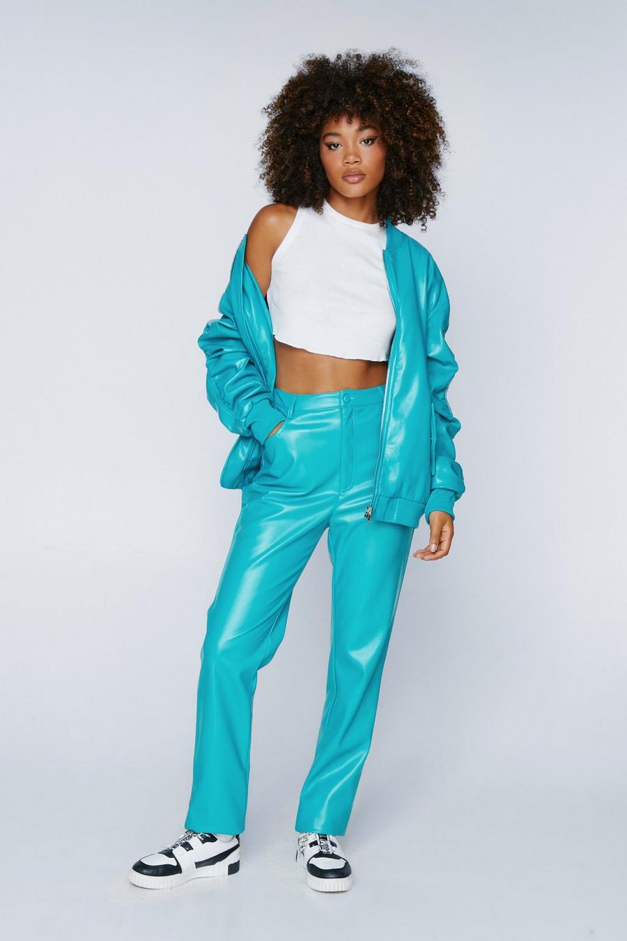 Turquoise Faux Leather Straight Leg Pants