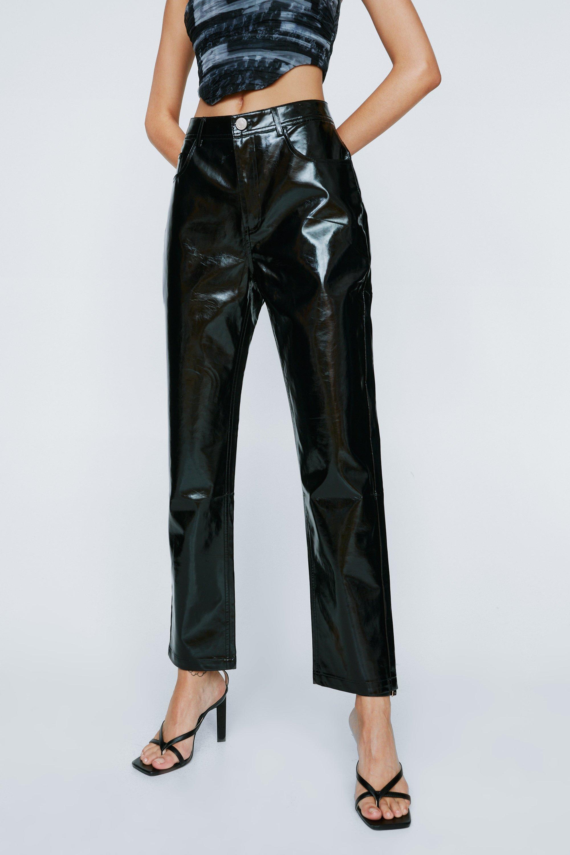 Black Straight-Leg Faux-Leather Trousers